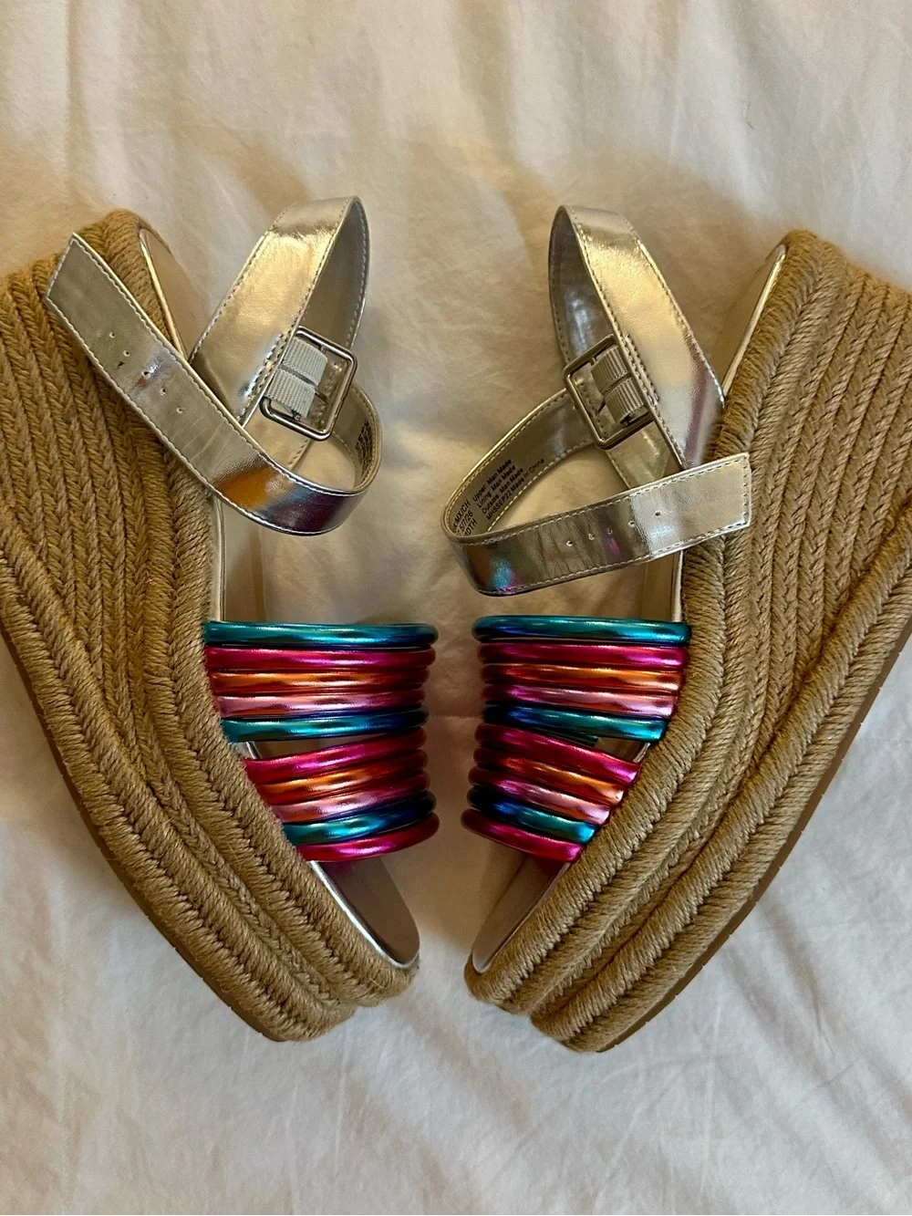 Kenneth Cole New York Silver Slingback Wedges with Multicolor Strappy Toe
